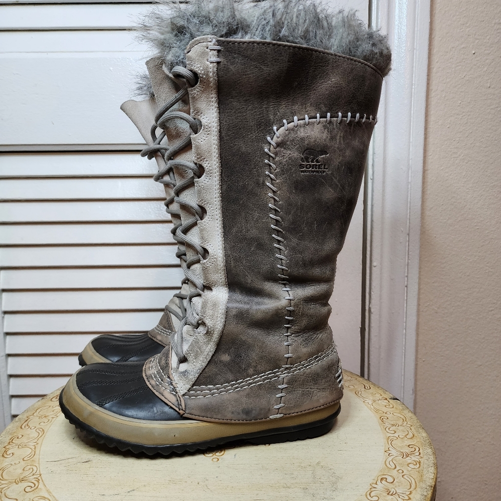 Sorel Cate The Great NL1642-221 Tusk Stone Brown Leather Tall Boots 6